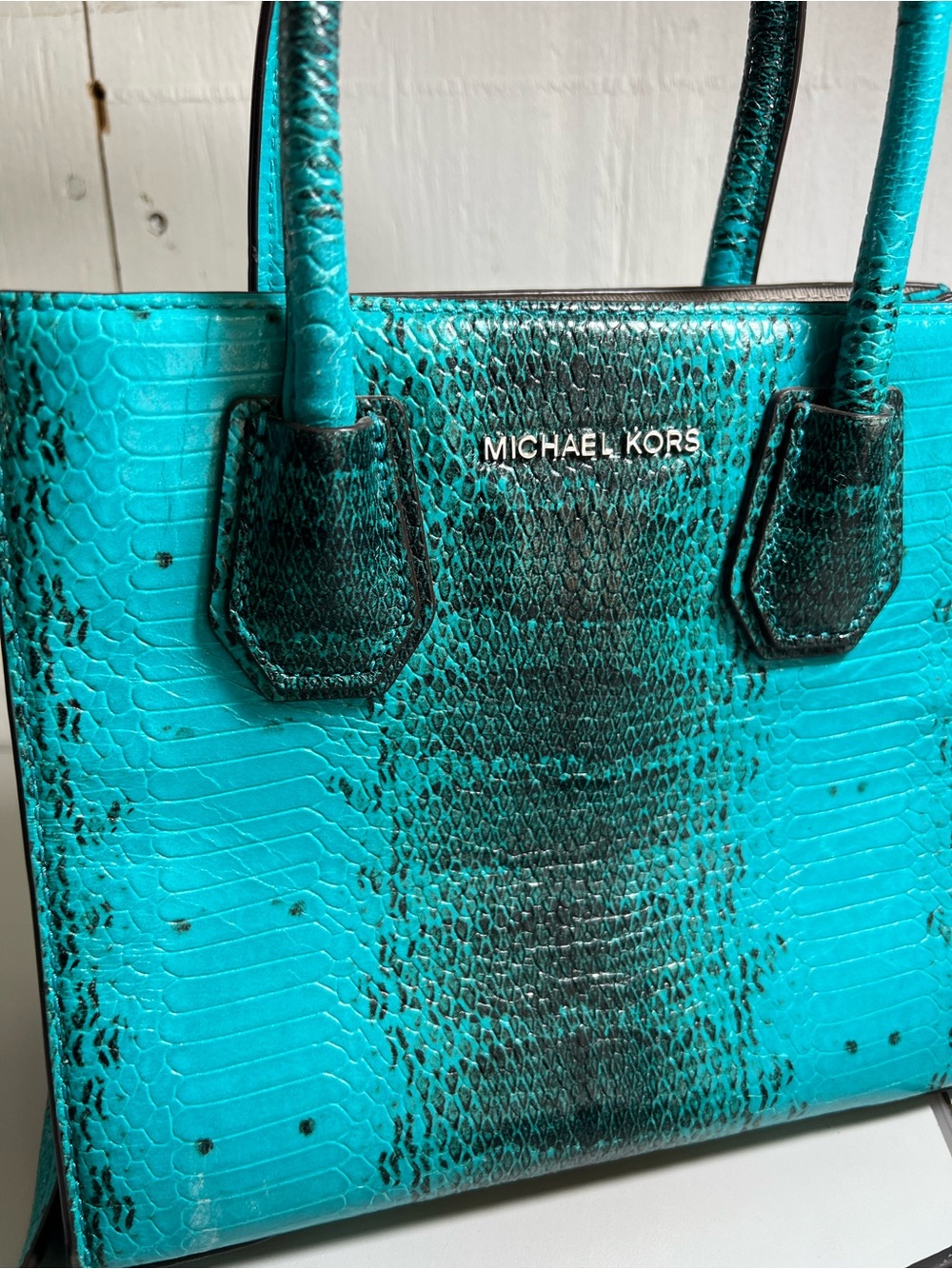 Michael Kors Teal Turquoise Snake-Embossed small handbag purse with strap MK bag - Picture 3 of 8